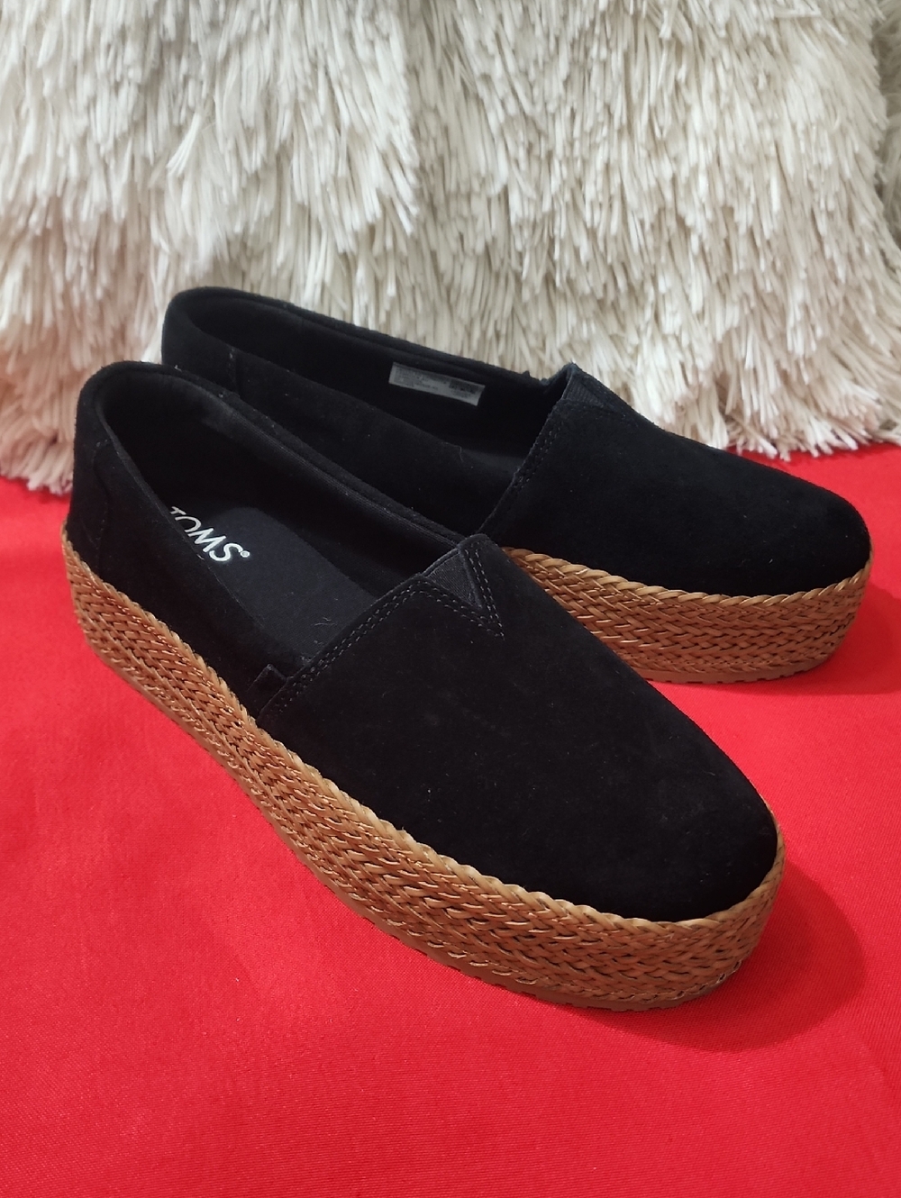 Toms Black Suede Platform Espadrille with Brown Woven Sole